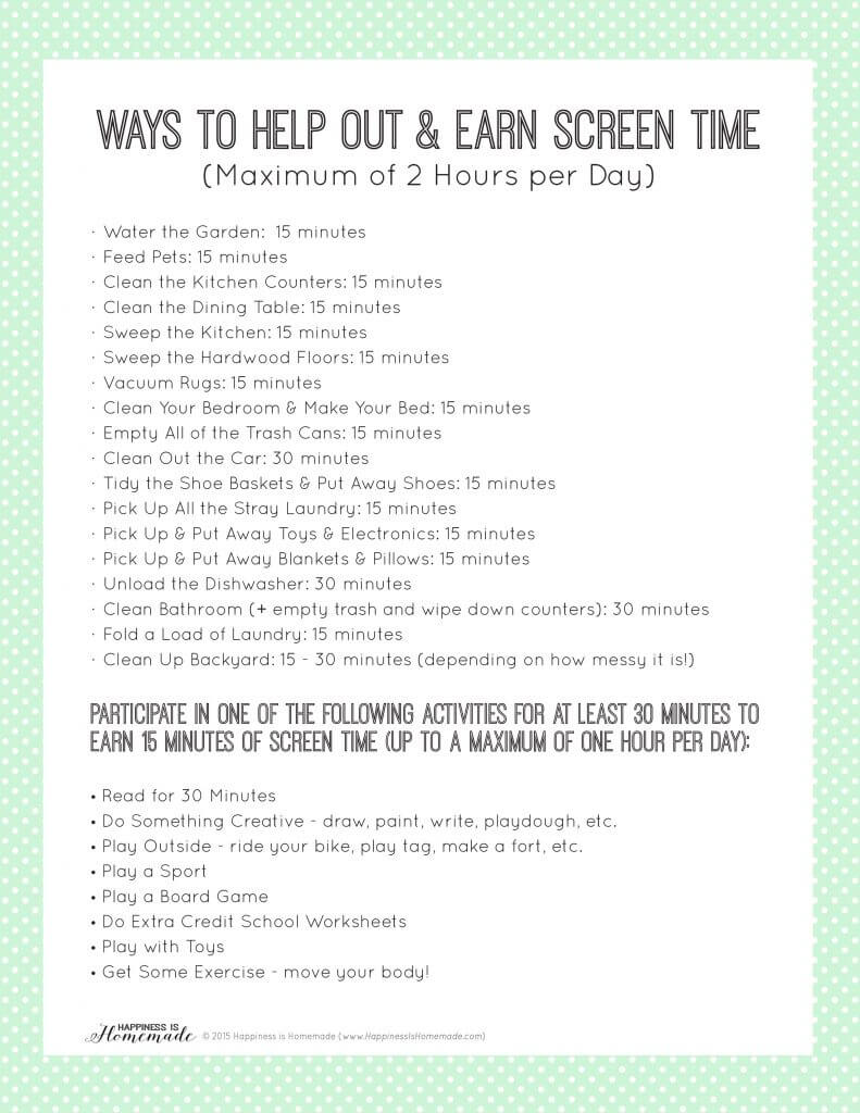 Chores and Ways to Help Out and Earn Screen Time Printable