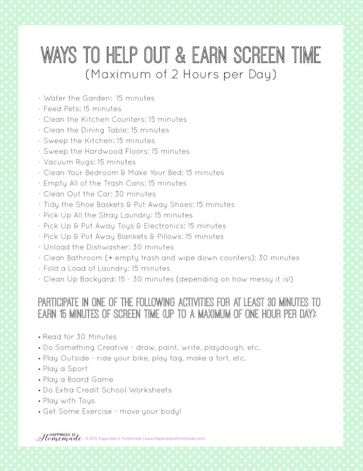 Printable Chore List to Earn Screen Time