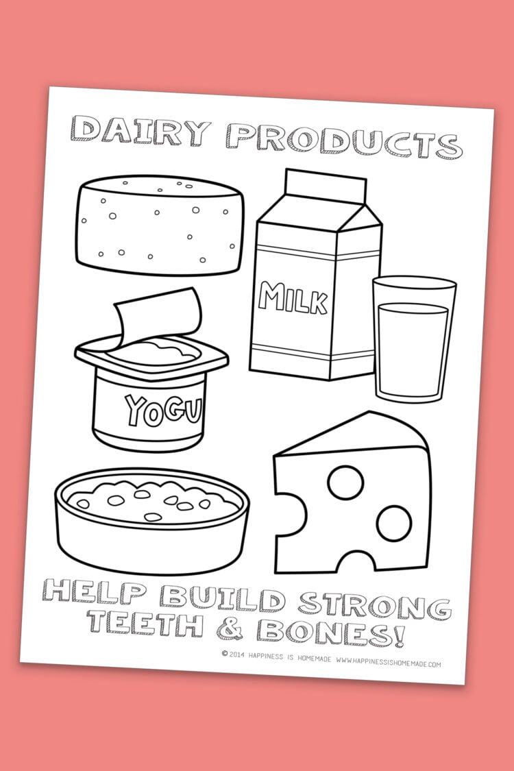 Dairy foods printable coloring pages with many different varieties of dairy foods