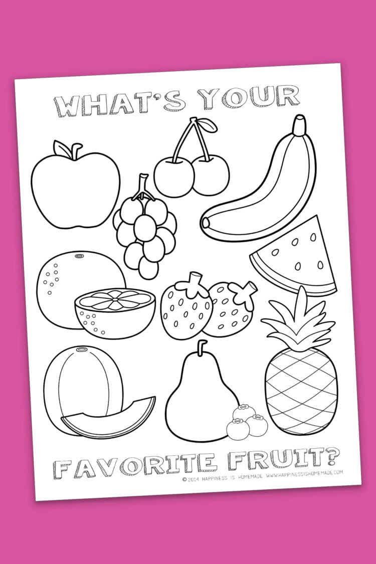 Healthy fruit printable coloring pages with many different varieties of fruit
