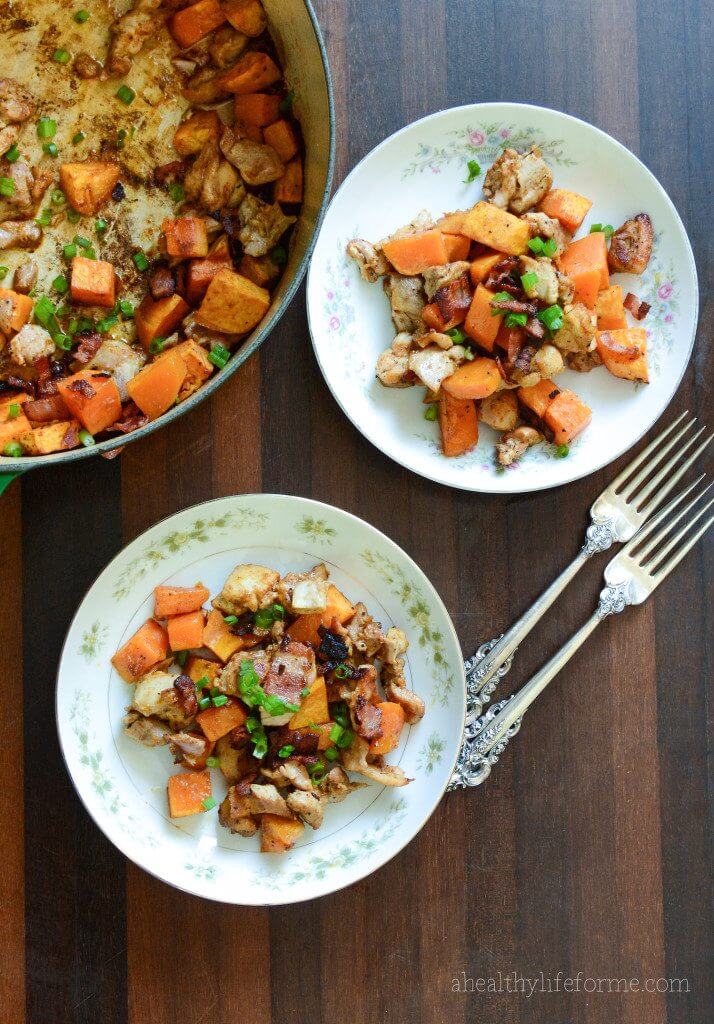 sweet potato buffalo chicken casserole served on plates