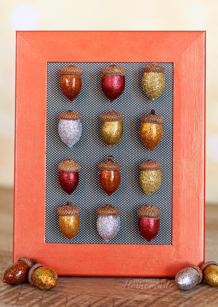 fall glitter colored acorns in frame