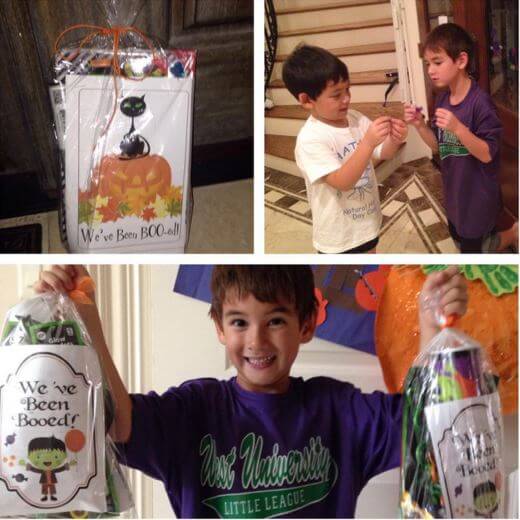 kids celebrating halloween with youve been booed buckets