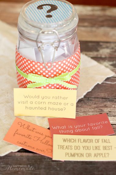 printable fall dinner conversation starters and mason jar to store them