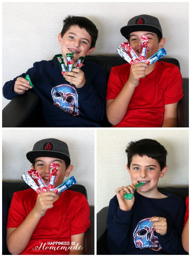 kids eatings and holding up airheads collage