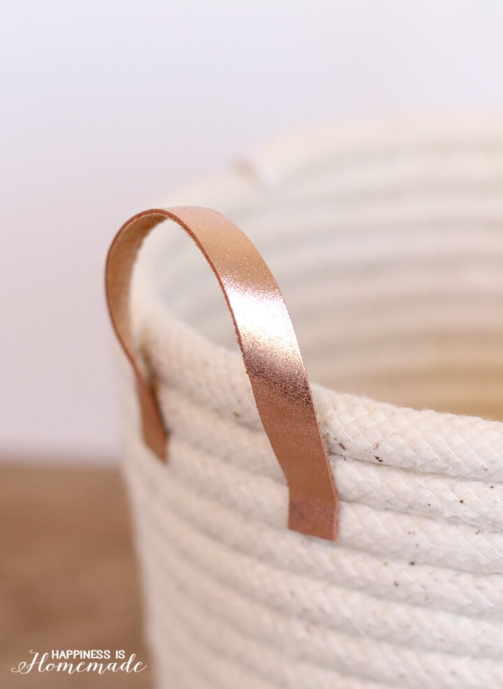 Rose Gold Italian Leather Handles on a No-Sew Rope Basket