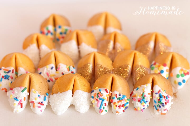 Chocolate Dipped Sprinkle and Glitter Fortune Cookies for New Years Eve
