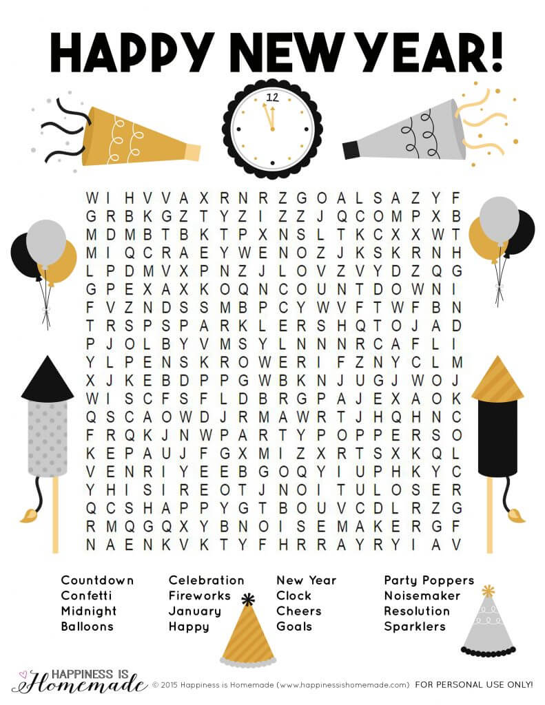 Happy New Year Word Search for Kids and Adults