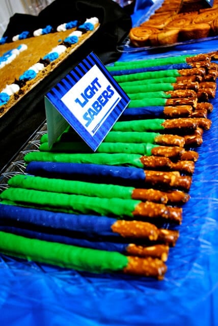 pretzels dipped in chocolate to look like light sabers