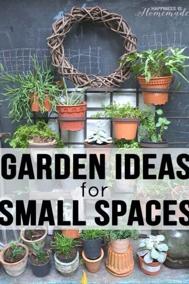 Garden ideas for small spaces with metal rack containing terra cotta pots with plants inside