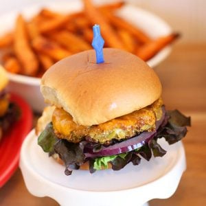 delicious slider with basket of fries