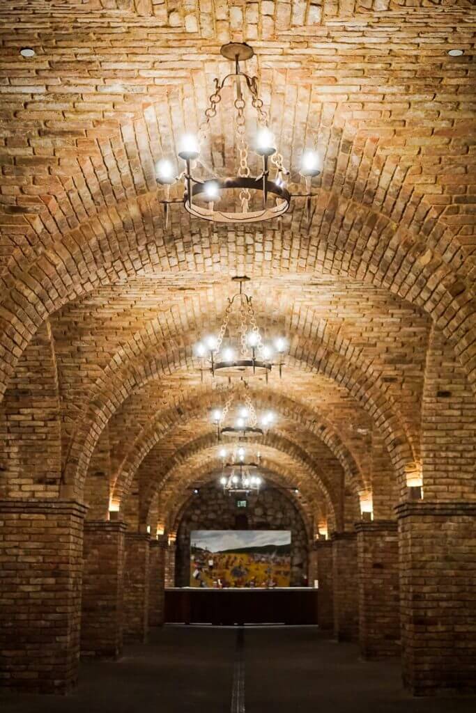castle cellar cieling and chandeliers