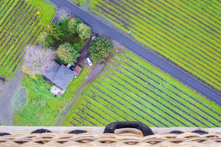 view of napa valley vineyards from hot air balloon basket looking down