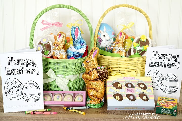 Adorable Easter Baskets Filled with See's Candy and Printable Coloring Books