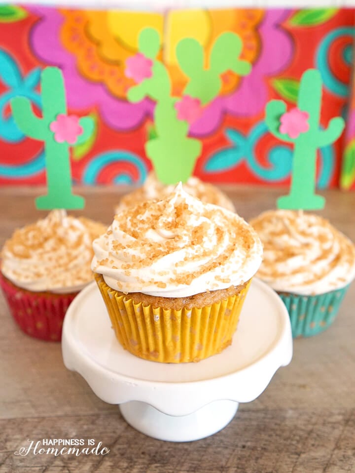 delicious churro flavored cupcakes with cactus decorations