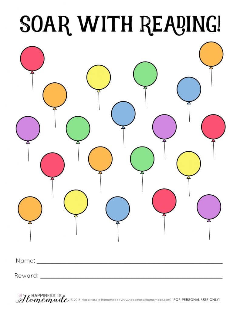 "Soar with Reading" printable reading rewards chart with balloons