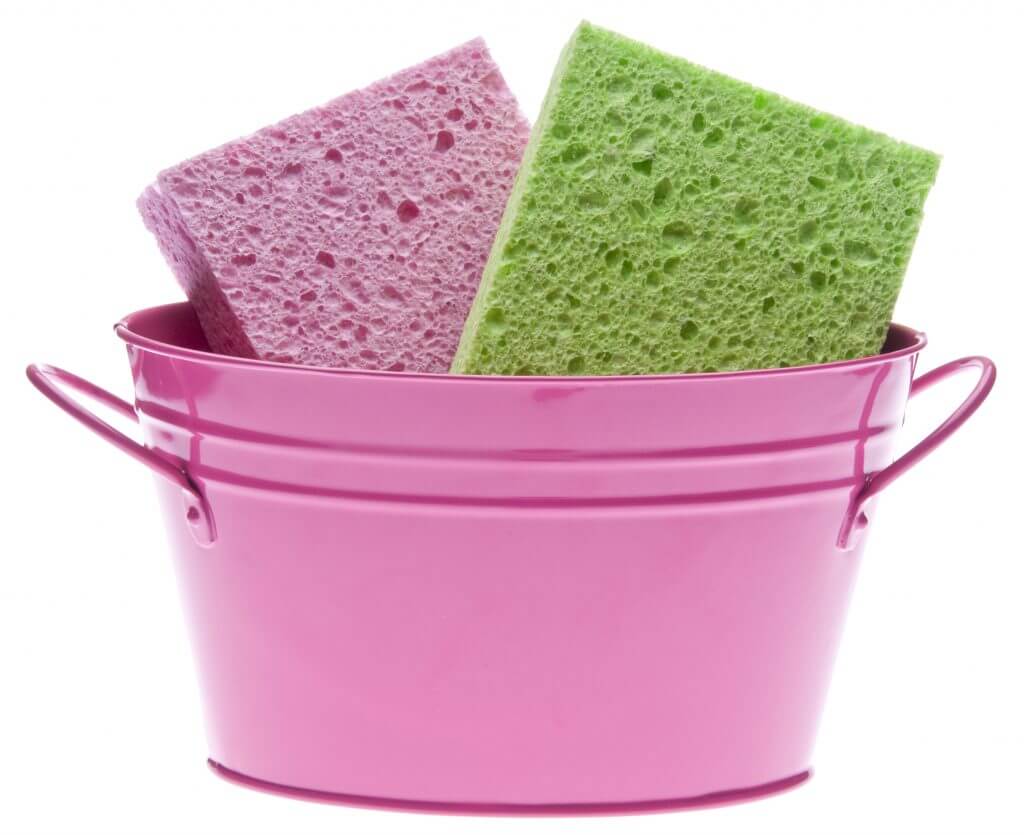 two sponges in pink bucket 