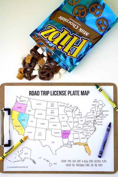 road trip license plate printable colored in with crayons and flipz snack