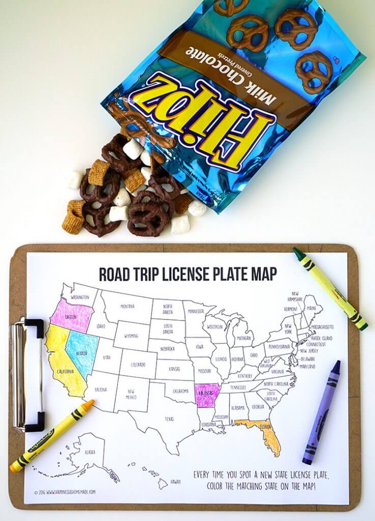 road trip license plate printable colored in with crayons and flipz snack