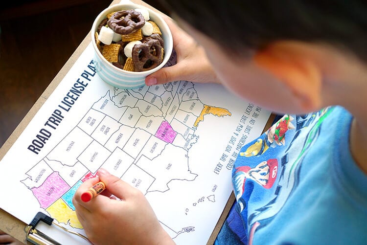 Road Trip Games License Plate Coloring Map S Mores Snack Mix Happiness Is Homemade