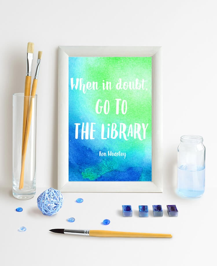 when in doubt go to the library harry potter watercolor quote art