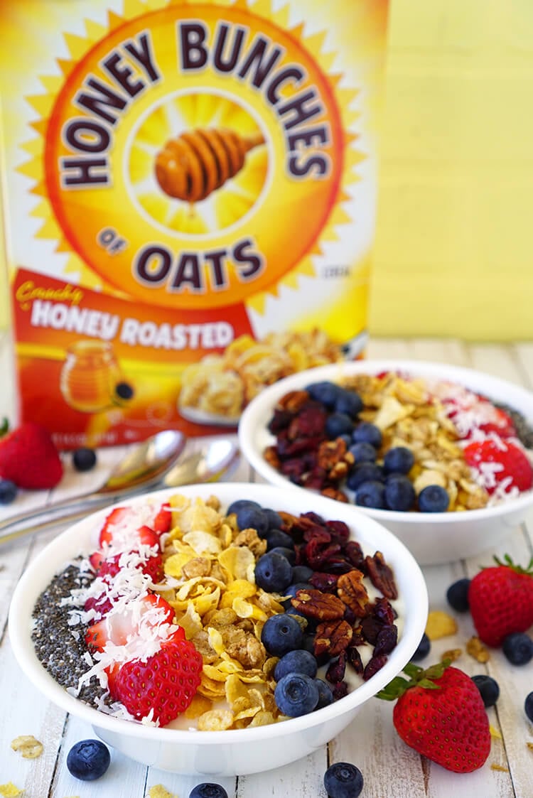 honey oats and healthy fruit breakfast bowl option with post cereal box