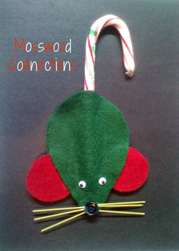 green mice christmas ornament with candy cane tail