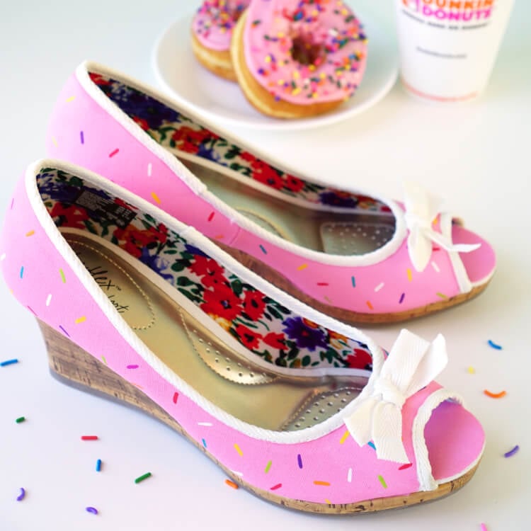 cute pink sprinkled donut diy shoes next to donuts and coffee