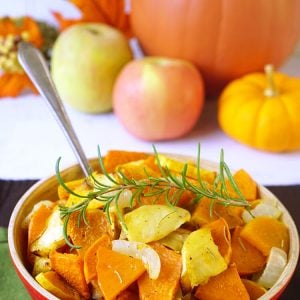 roasted veggies with pumpkin decorations