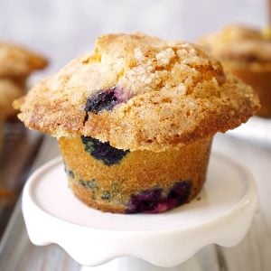 bakery style blueberry muffins on platter