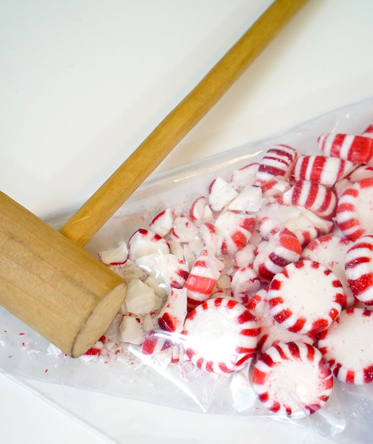 crushed peppermint candies and mallet