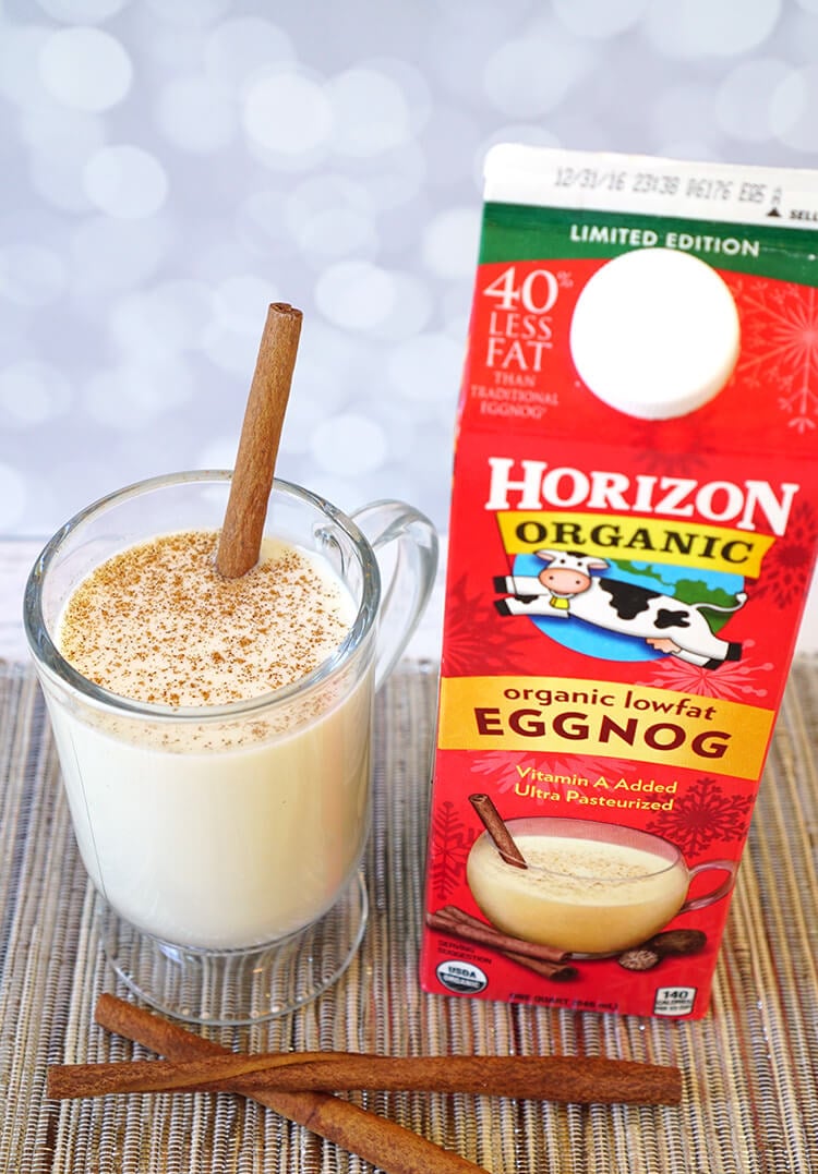 horizon organic eggnog carton and glass of eggnog
