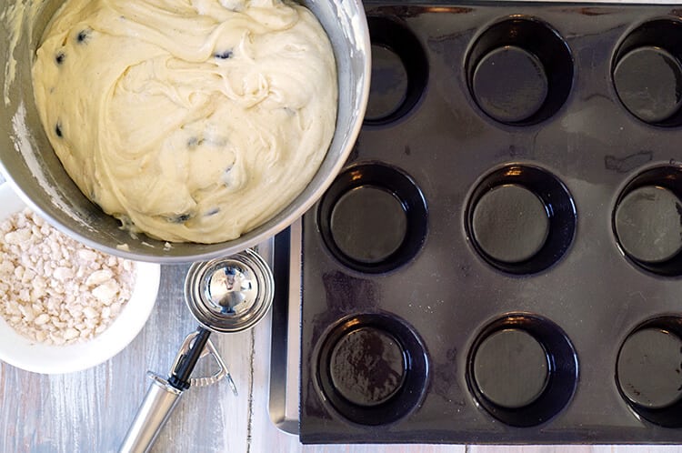 blueberry muffin mix, scoop and muffin pan