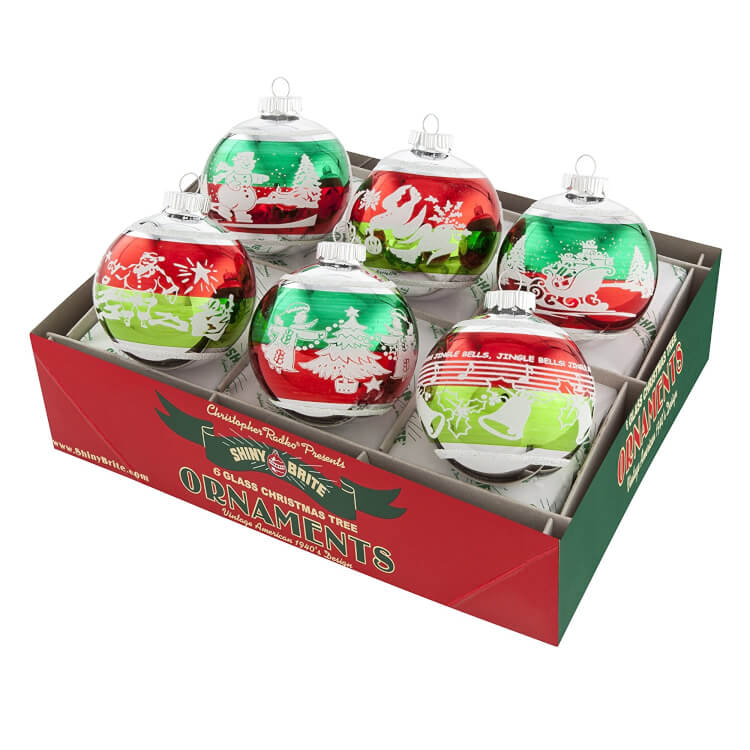 radko ornaments in red and green colors