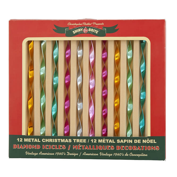 radko shiny brite icicles in various colors in packaging