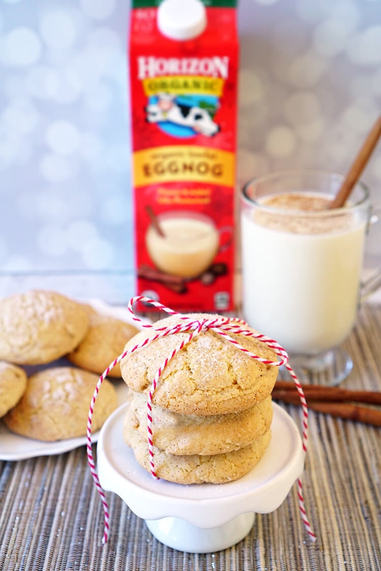 soft chewy snickerdoodles on plate with eggnog