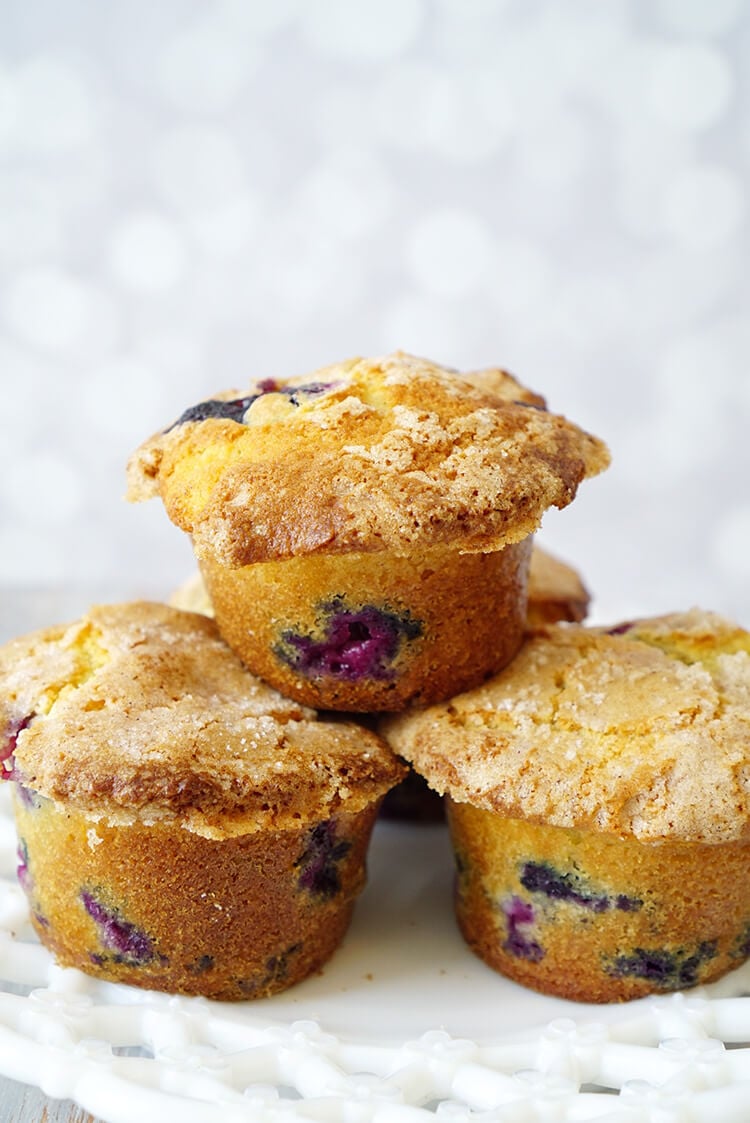 easy to make blueberry muffins stacked on top of eachother