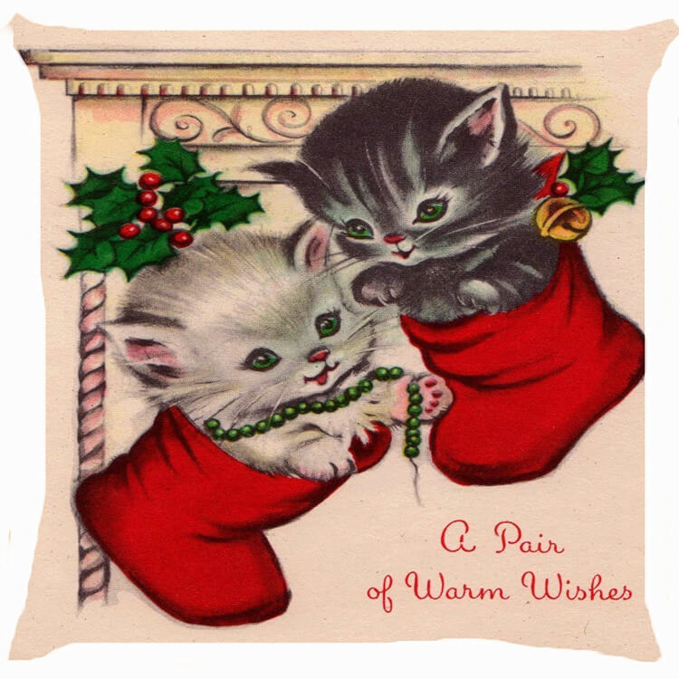 vintage christmas kitties pillow