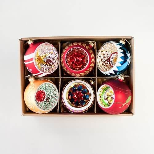 vintage style reflector ball ornaments in box