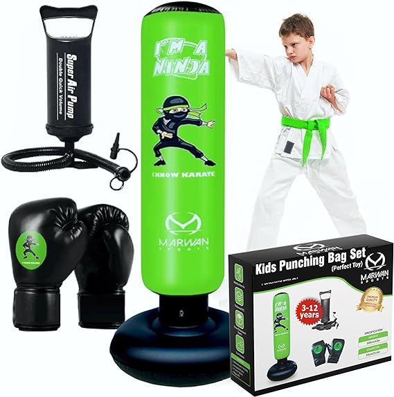 inflatable karate and punching bag with kid in karate uniform