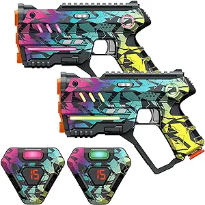 two laser tag guns with laser chest pieces