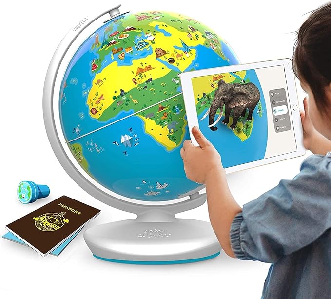 kid playing with world globe 