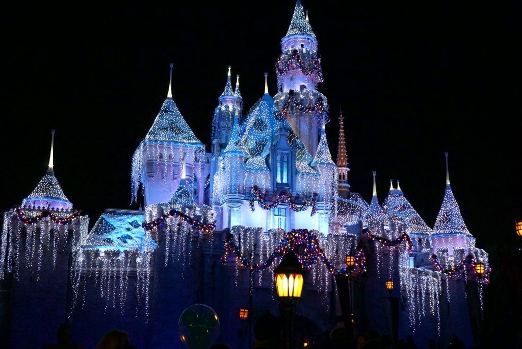 Disney castle decorated for winter