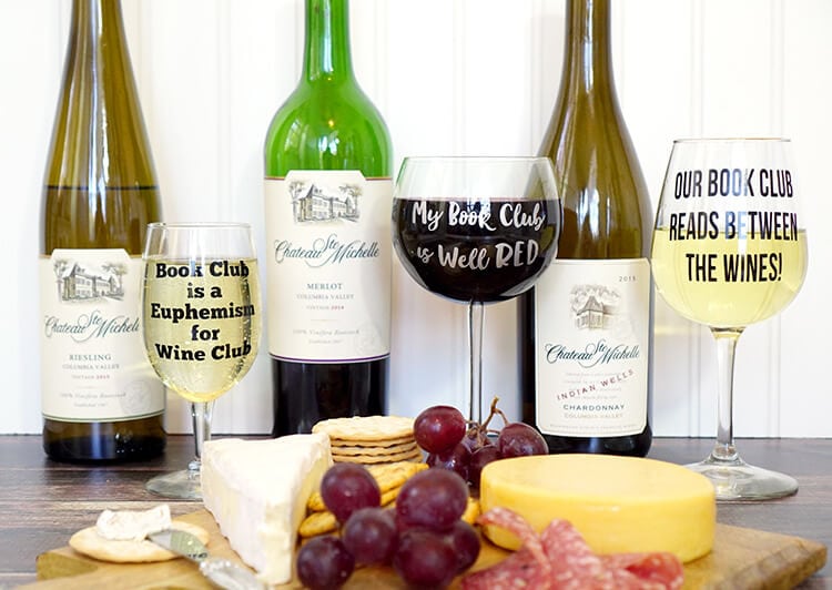 funny wine glass book club quotes and cheese board