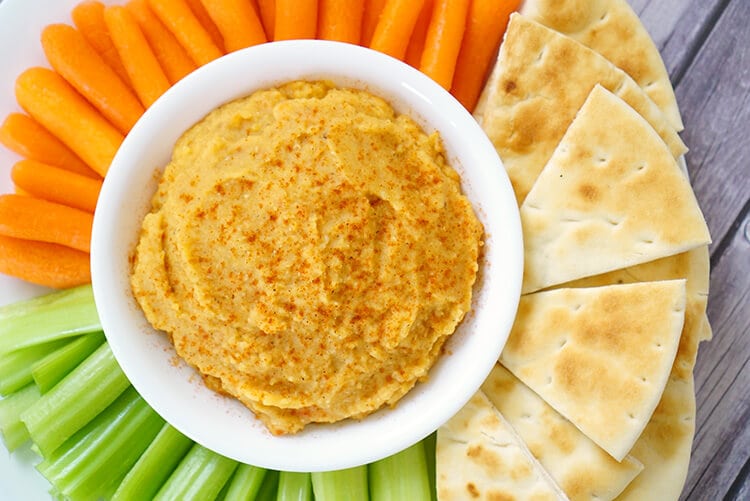 healthy roasted red pepper hummus party tray