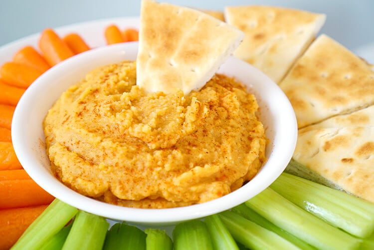 easy healthy roasted red pepper hummus party tray