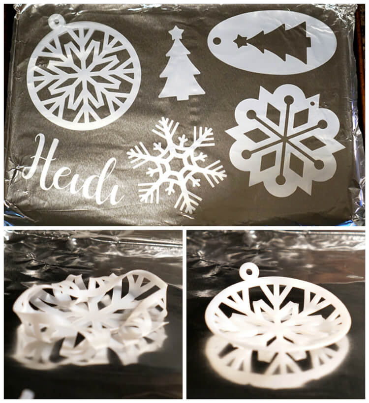 shrinky dink ornaments on tray