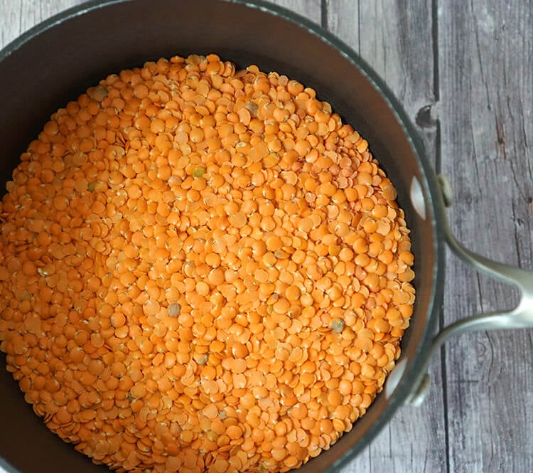 uncooked lentils in a pot