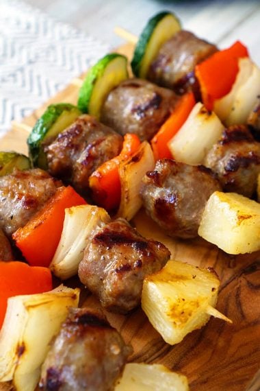 veggie and bratwurst kabobs for game day