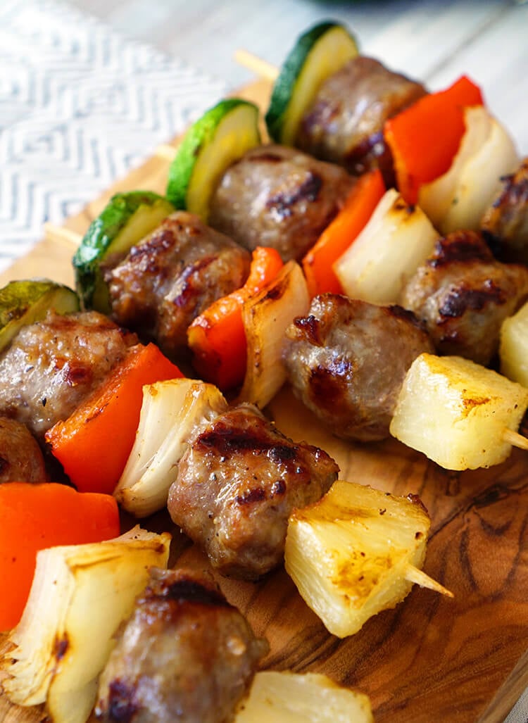 veggie and bratwurst kabobs for game day